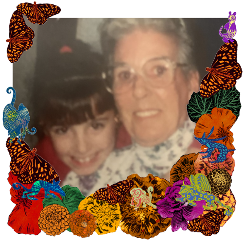 Photo of Josie Gilmore, "MomMom G." in a frame with marigolds, flowers, alebrijes and monarch butterflies.