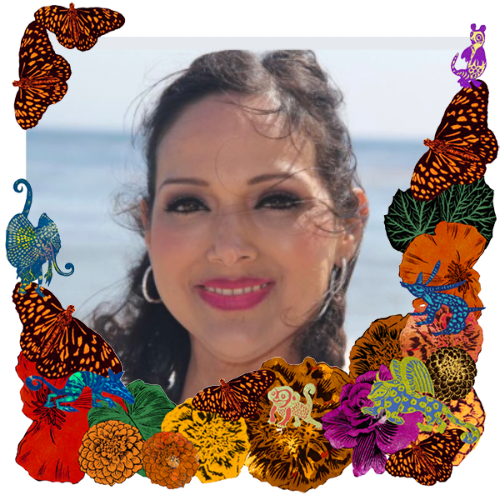 Photo of Josie Vazquez in a frame with marigolds, flowers, alebrijes and monarch butterflies.