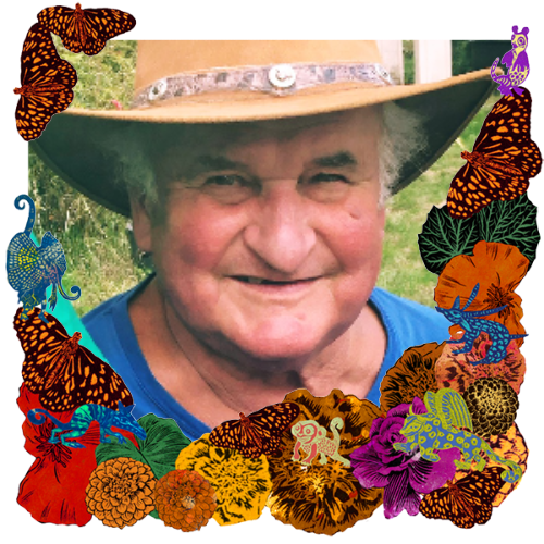 Photo of Joze in a frame with marigolds, flowers, alebrijes and monarch butterflies.