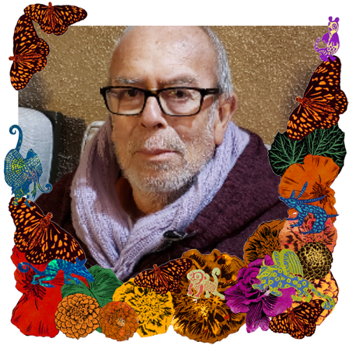 Photo of Juan Antonio Gurrola in a frame with marigolds, flowers, alebrijes and monarch butterflies.