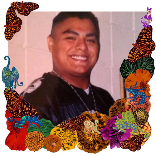 Photo of Juan Arredondo ("Shadow") in a frame with marigolds, flowers, alebrijes and monarch butterflies.