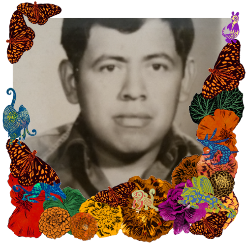 Photo of Juan Flores in a frame with marigolds, flowers, alebrijes and monarch butterflies.