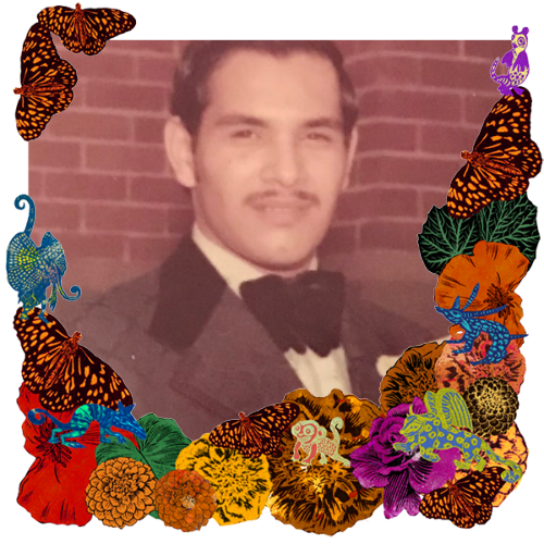 Photo of Juan Garcia, Jr. in a frame with marigolds, flowers, alebrijes and monarch butterflies.