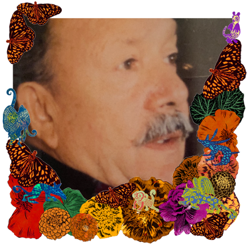 Photo of Juan Valenzuela "TATA" in a frame with marigolds, flowers, alebrijes and monarch butterflies.