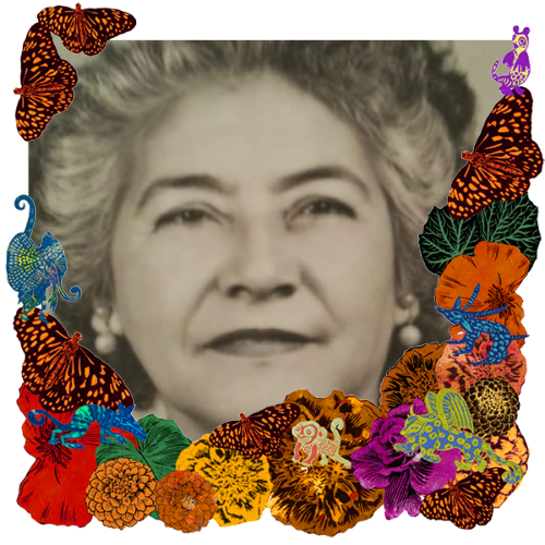 Photo of Julia Palacios in a frame with marigolds, flowers, alebrijes and monarch butterflies.