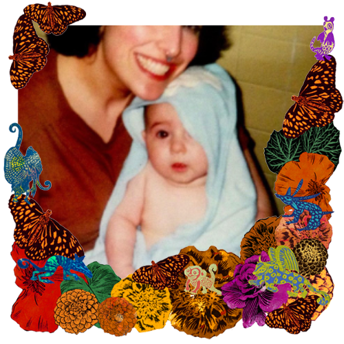 Photo of Julian in a frame with marigolds, flowers, alebrijes and monarch butterflies.