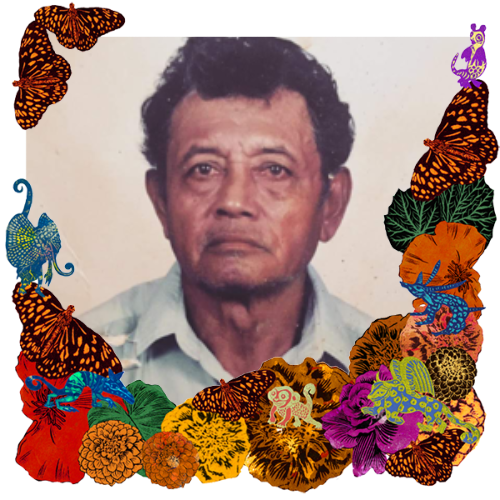 Photo of Julian Ramirez Silva in a frame with marigolds, flowers, alebrijes and monarch butterflies.