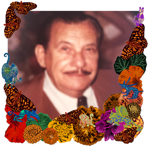 Photo of Julio Montesino in a frame with marigolds, flowers, alebrijes and monarch butterflies.