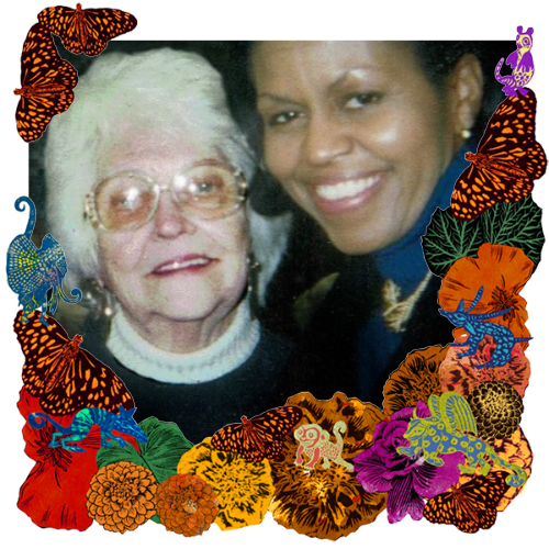 Photo of June Den Hartog in a frame with marigolds, flowers, alebrijes and monarch butterflies.