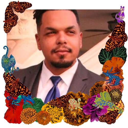 Photo of Justin Grell in a frame with marigolds, flowers, alebrijes and monarch butterflies.
