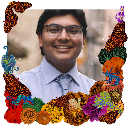 Photo of Karan Nevatia in a frame with marigolds, flowers, alebrijes and monarch butterflies.