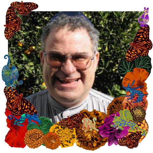 Photo of Ken Ofgang in a frame with marigolds, flowers, alebrijes and monarch butterflies.