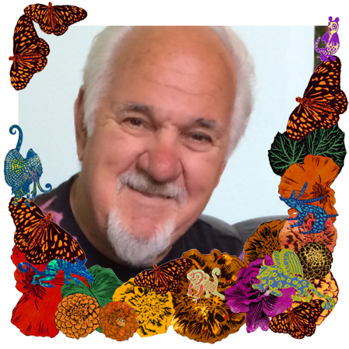 Photo of Ken Tullo, Sr. in a frame with marigolds, flowers, alebrijes and monarch butterflies.
