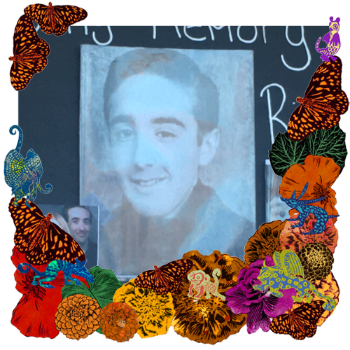 Photo of Klaus Richter in a frame with marigolds, flowers, alebrijes and monarch butterflies.