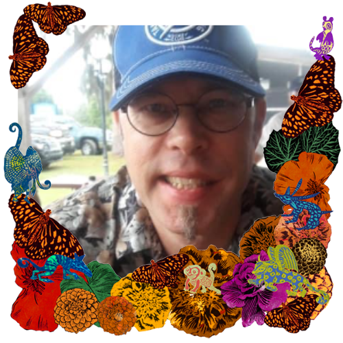 Photo of Kristian Bennett Dean in a frame with marigolds, flowers, alebrijes and monarch butterflies.