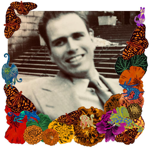 Photo of Larry-Big Dad in a frame with marigolds, flowers, alebrijes and monarch butterflies.