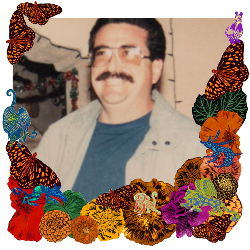 Photo of Larry Reynosa, Sr. in a frame with marigolds, flowers, alebrijes and monarch butterflies.