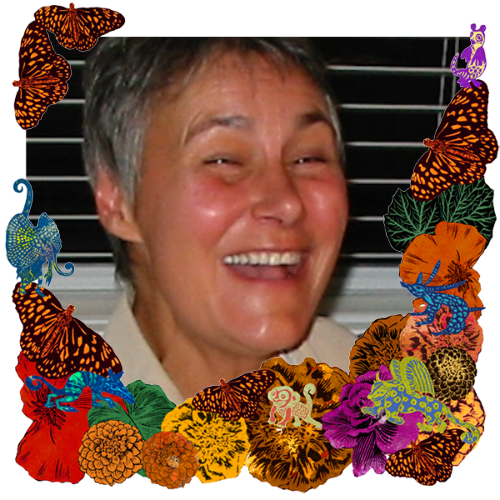 Photo of Laurel Ann in a frame with marigolds, flowers, alebrijes and monarch butterflies.