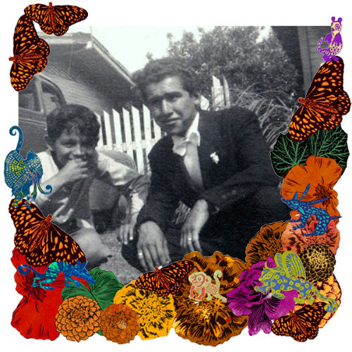 Photo of Leo in a frame with marigolds, flowers, alebrijes and monarch butterflies.