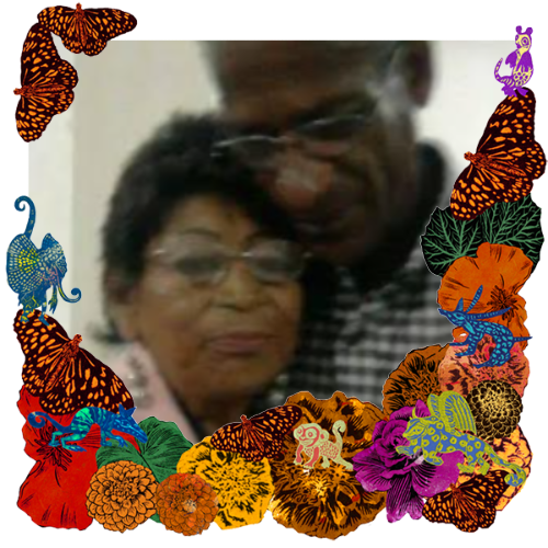 Photo of Lidia Huapaya Aalazar in a frame with marigolds, flowers, alebrijes and monarch butterflies.