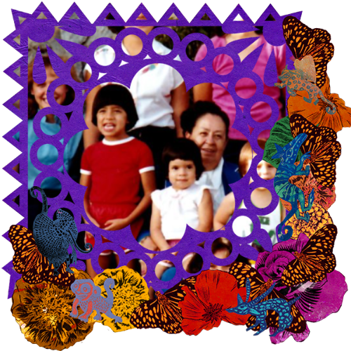 Photo of Lilia Larriva in a frame with papel picado.