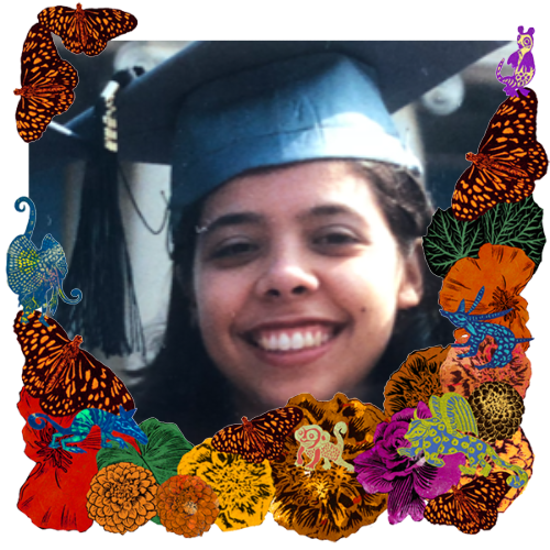 Photo of Linda R in a frame with marigolds, flowers, alebrijes and monarch butterflies.