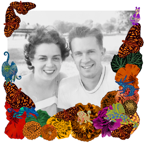 Photo of Lois & George Jenkin in a frame with marigolds, flowers, alebrijes and monarch butterflies.