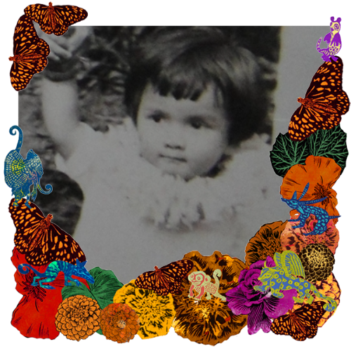 Photo of Lola (Mom) in a frame with marigolds, flowers, alebrijes and monarch butterflies.