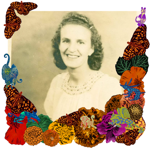 Photo of Louise Kimmer in a frame with marigolds, flowers, alebrijes and monarch butterflies.