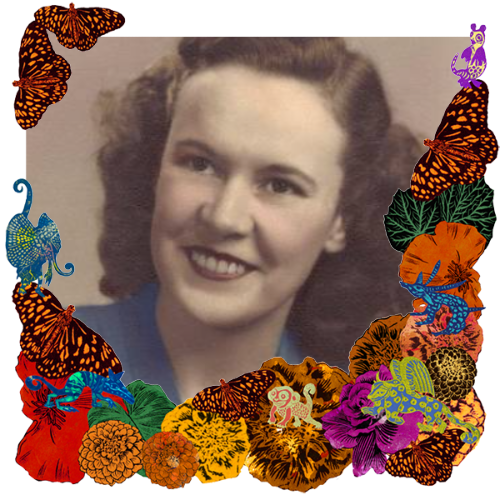 Photo of Lucille Cannon in a frame with marigolds, flowers, alebrijes and monarch butterflies.