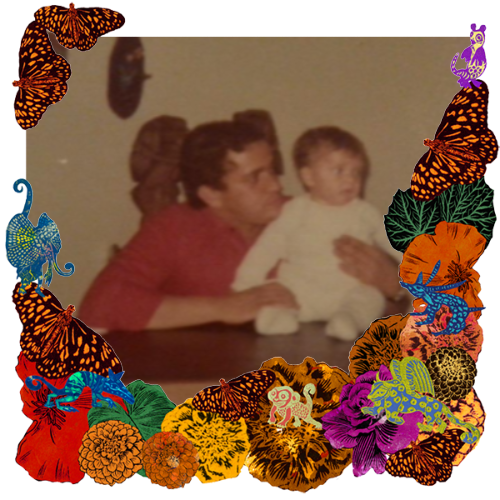 Photo of Luis Eduardo Sierra in a frame with marigolds, flowers, alebrijes and monarch butterflies.