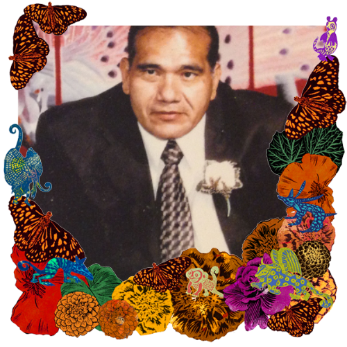 Photo of Luis Enrique Mayorga in a frame with marigolds, flowers, alebrijes and monarch butterflies.