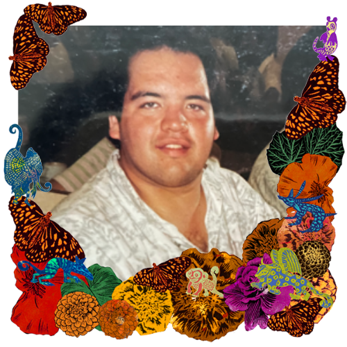 Photo of Luis Figueroa in a frame with marigolds, flowers, alebrijes and monarch butterflies.