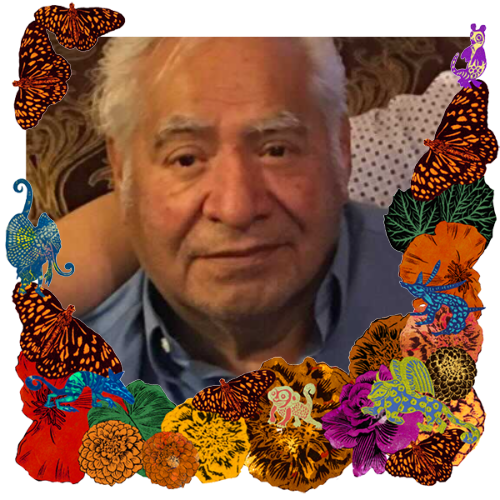 Photo of Luis Isabel Martínez in a frame with marigolds, flowers, alebrijes and monarch butterflies.