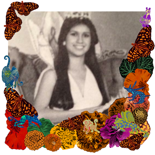 Photo of Luisa Pérez Ortega in a frame with marigolds, flowers, alebrijes and monarch butterflies.