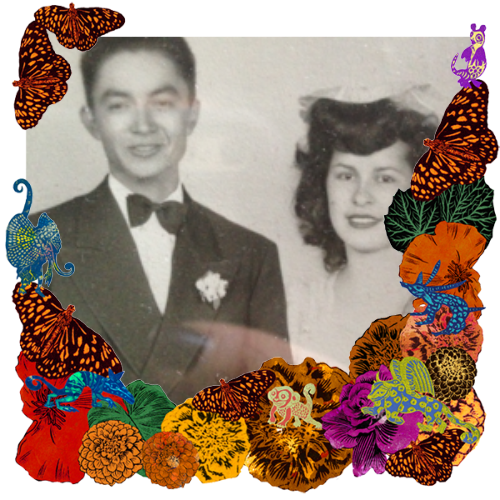 Photo of Lupe and Chayo Padilla in a frame with marigolds, flowers, alebrijes and monarch butterflies.