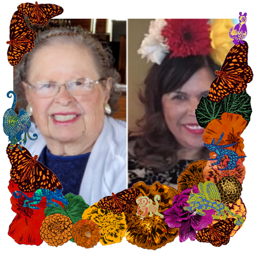 Photo of Lupe Padilla and Diane Rodriguez in a frame with marigolds, flowers, alebrijes and monarch butterflies.