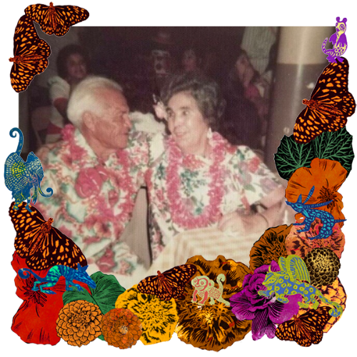 Photo of Guadalupe & Rosa Martinez in a frame with marigolds, flowers, alebrijes and monarch butterflies.