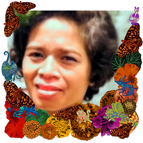Photo of Luzonica Carteciano Panaligan in a frame with marigolds, flowers, alebrijes and monarch butterflies.