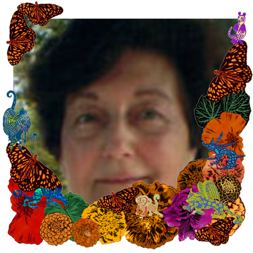 Photo of Mary Anne Chiappetta in a frame with marigolds, flowers, alebrijes and monarch butterflies.