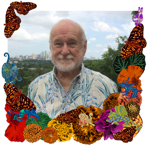 Photo of Mack Edwards in a frame with marigolds, flowers, alebrijes and monarch butterflies.