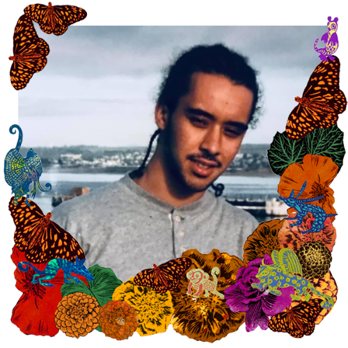 Photo of Malcolm R. Jones in a frame with marigolds, flowers, alebrijes and monarch butterflies.