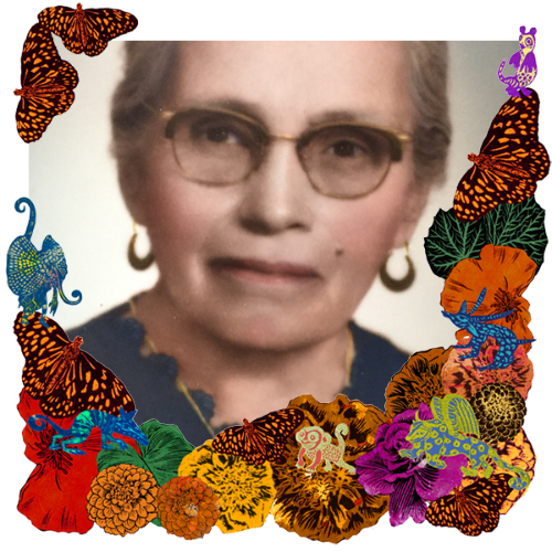 Photo of Mama' Llillia in a frame with marigolds, flowers, alebrijes and monarch butterflies.