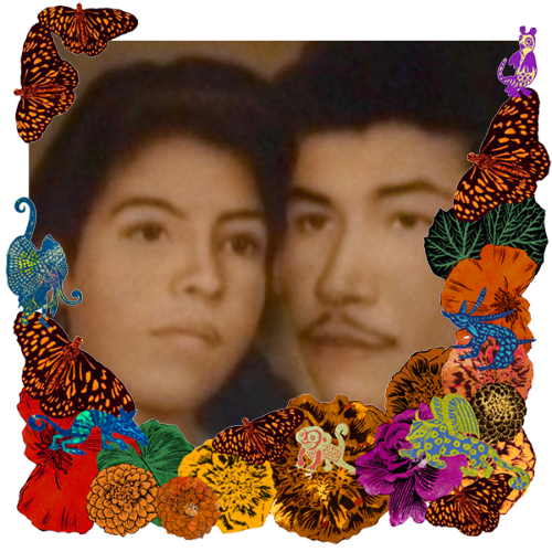 Photo of Mamá y Papá in a frame with marigolds, flowers, alebrijes and monarch butterflies.