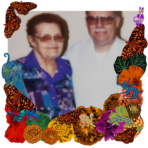 Photo of Mama and Richard Mostwoner in a frame with marigolds, flowers, alebrijes and monarch butterflies.