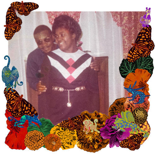 Photo of Mami y Papi in a frame with marigolds, flowers, alebrijes and monarch butterflies.