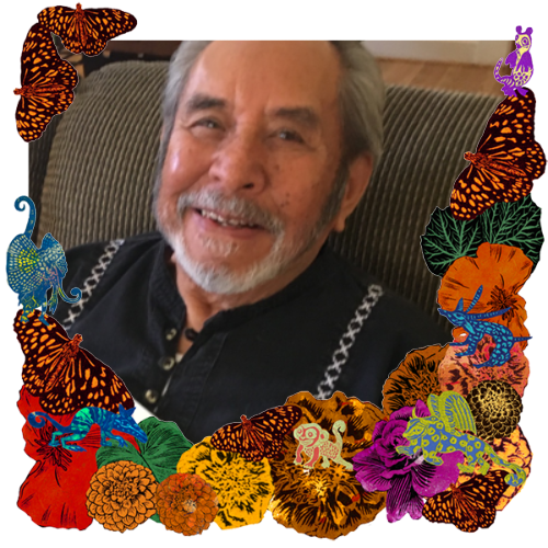 Photo of Manuel Hernandez-Trujillo in a frame with marigolds, flowers, alebrijes and monarch butterflies.