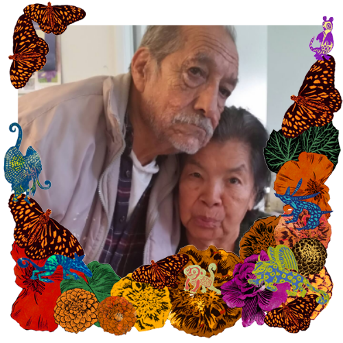 Photo of Manuel and Jovita Ortiz in a frame with marigolds, flowers, alebrijes and monarch butterflies.