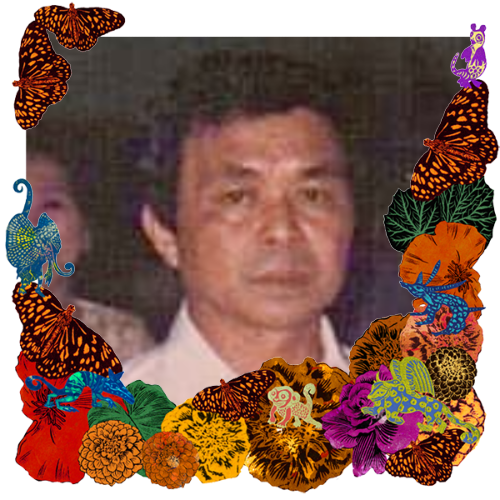 Photo of Marcelino Cannon in a frame with marigolds, flowers, alebrijes and monarch butterflies.