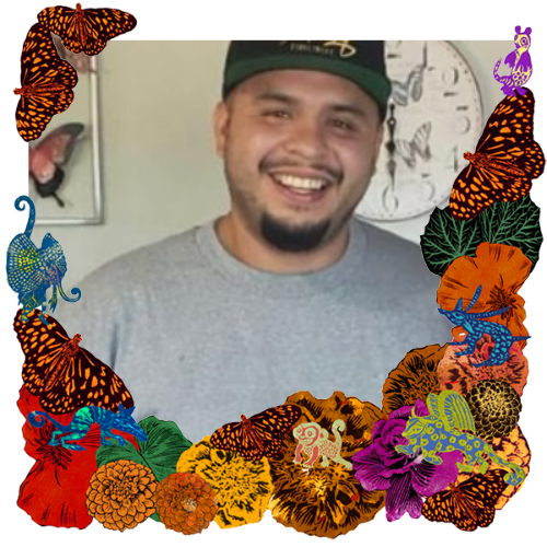 Photo of Marco Antonio Vasquez in a frame with marigolds, flowers, alebrijes and monarch butterflies.